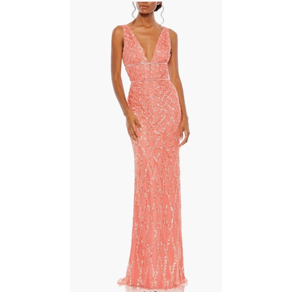 Mac Duggal Sequined Plunge Neck Sleeveless Column Gown Coral Formal Dress 8